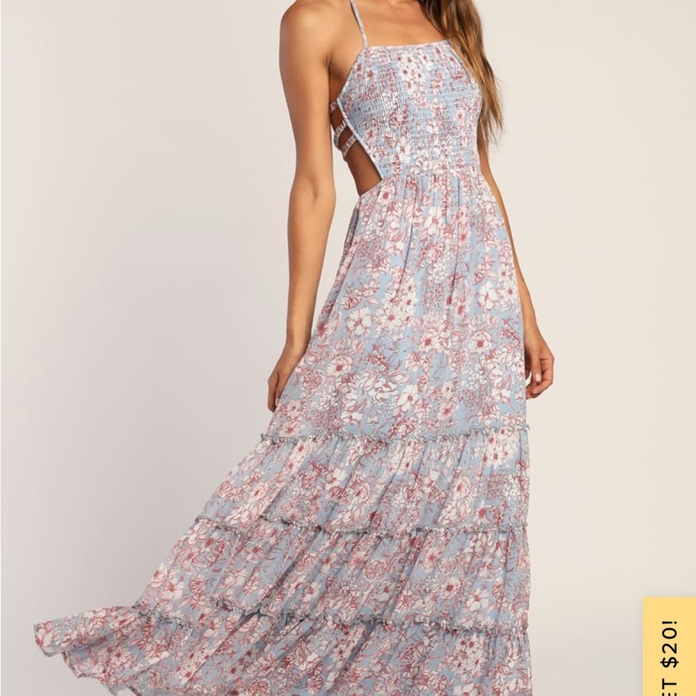 NWT Blue Floral Smocked Tiered Backless Maxi Dress never worn